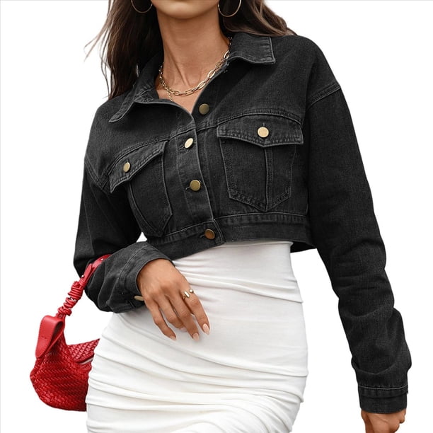 Chaqueta Vaquera Corta de Larga con Botones y Bolsillos para Mujer Gris Negro XL