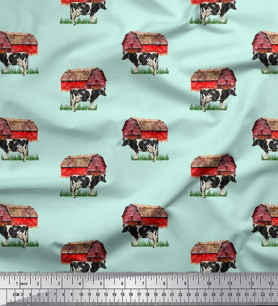 Soimoi Green Velvet Fabric Barn & Cow Farm Print Fabric by the Yard 60 ...