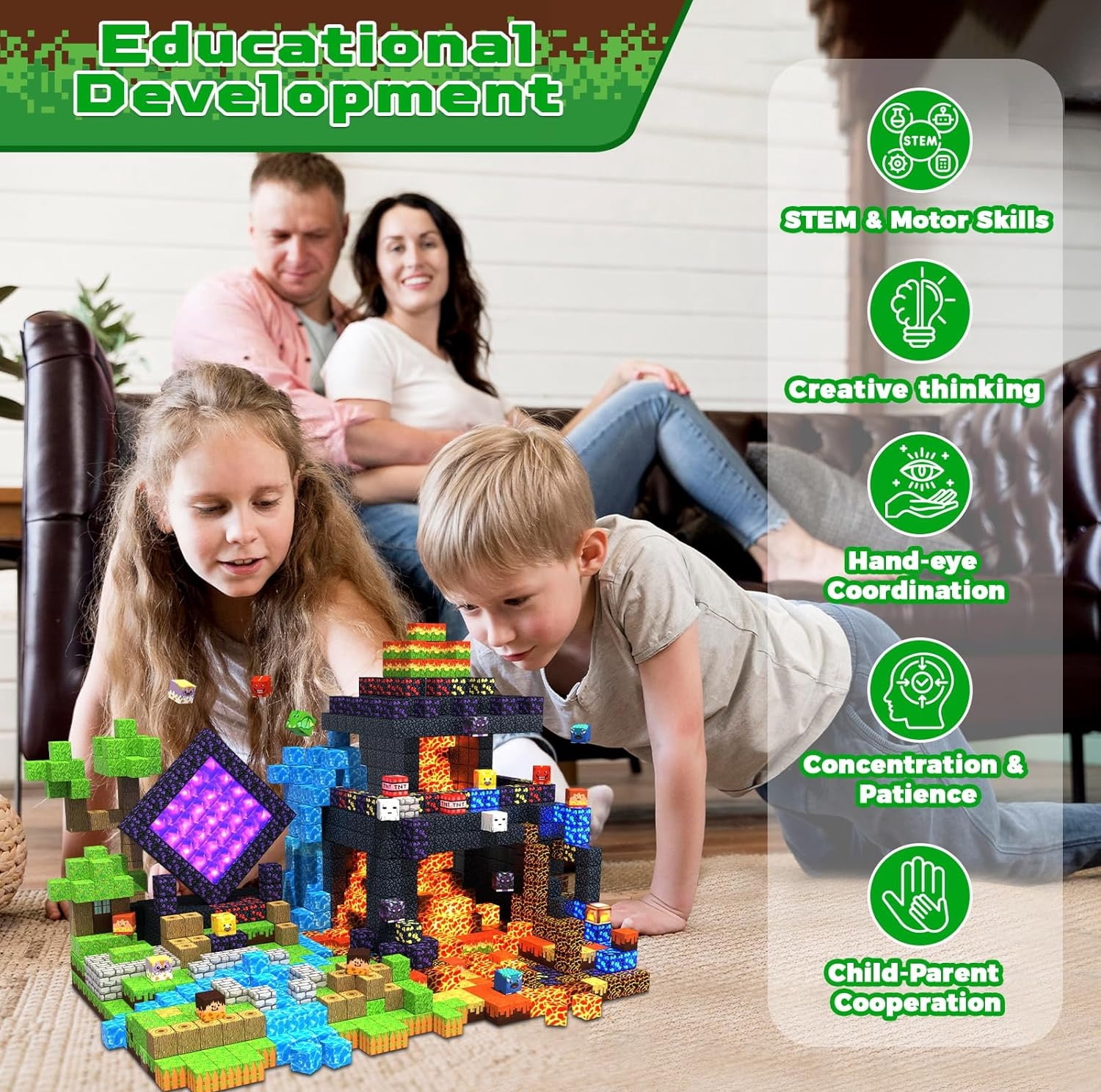 Annexfun Magnetic Blocks - 300 Pcs with Light Up Blocks Dinosaur Volcano Forest Castle Set -  Kids Classroom Toy for Toddlers STEM, Construction Stacking Toy Kids 3+ Birthday Gifts