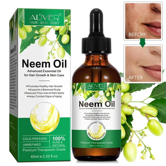 Aliver Neem Oil 60ml - Neem Oil for Skin, Hair & Face, Vitamin E, Help Scalp & Hair Health (2oz, Organic, Cold Pressed) 1 Pack