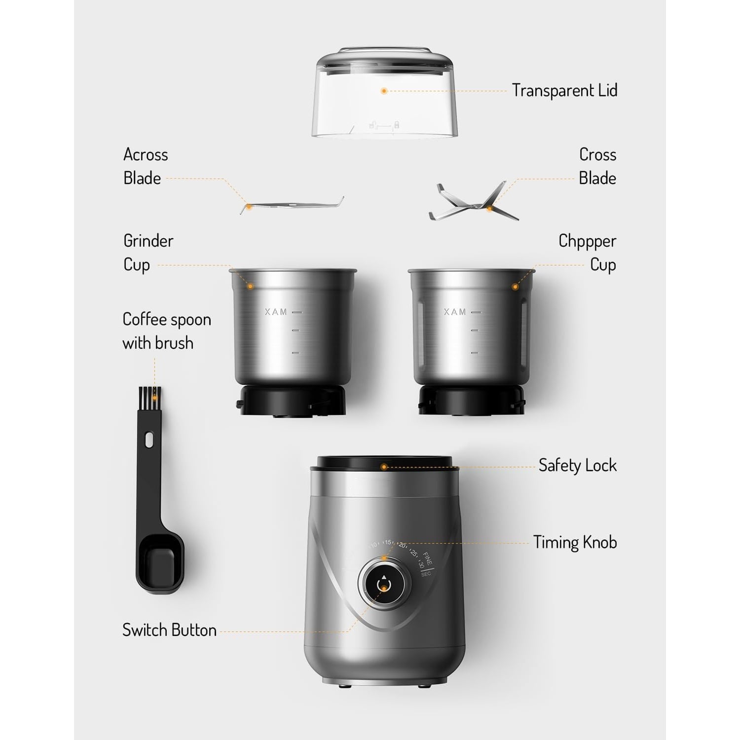 Electric Super Silent Blade Coffee Grinder, Timed Grind Control Rotary Knob, Adjustable Coarse to Fine for Coffee Beans, Spices & Herbs, with 2 Removable Stainless Steel Bowl, Silver