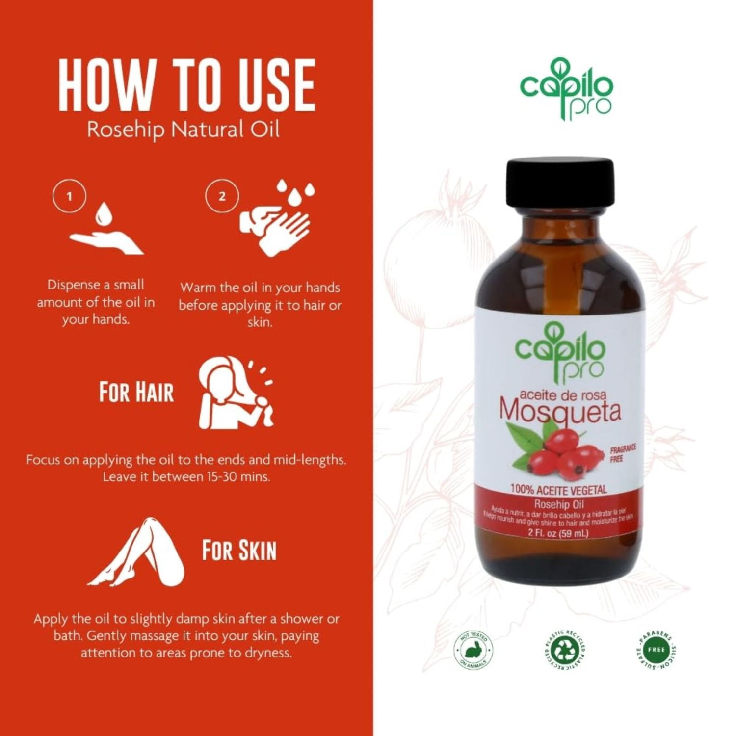 (3 pack) Capilo Pro Rose Hip Oil, Hair & Skin Nourishing Treatment, 100% Vegetable Oil, 2 fl oz