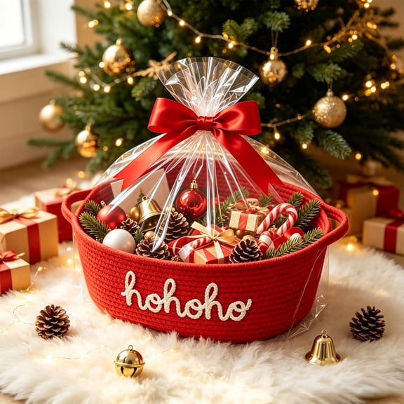 Merry Christmas Basket Empty with Handles, Red Christmas Storage Basket Organizers, Empty Gift Basket, Woven Cotton Rope Bin for Holiday Xmas Home Decoration