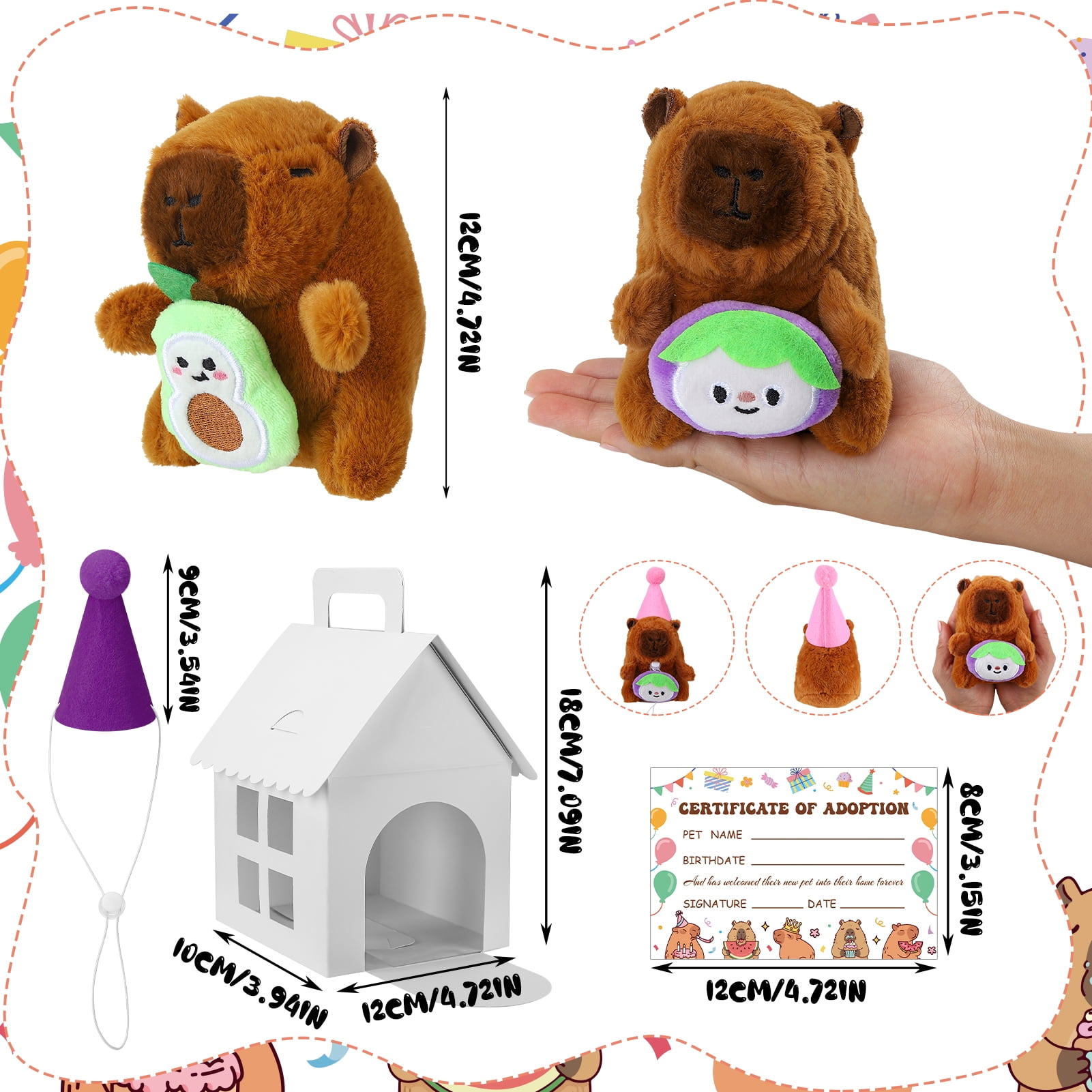 KABOER 103 Pcs Adopt An Animals Party Favor, Capybara Themed Include 12 Pcs 4.72 inch Stuffed Capybara, Adoption Card, Birthday Hats, Paper Boxes and Stickers for Party Supplies Birthday Gifts