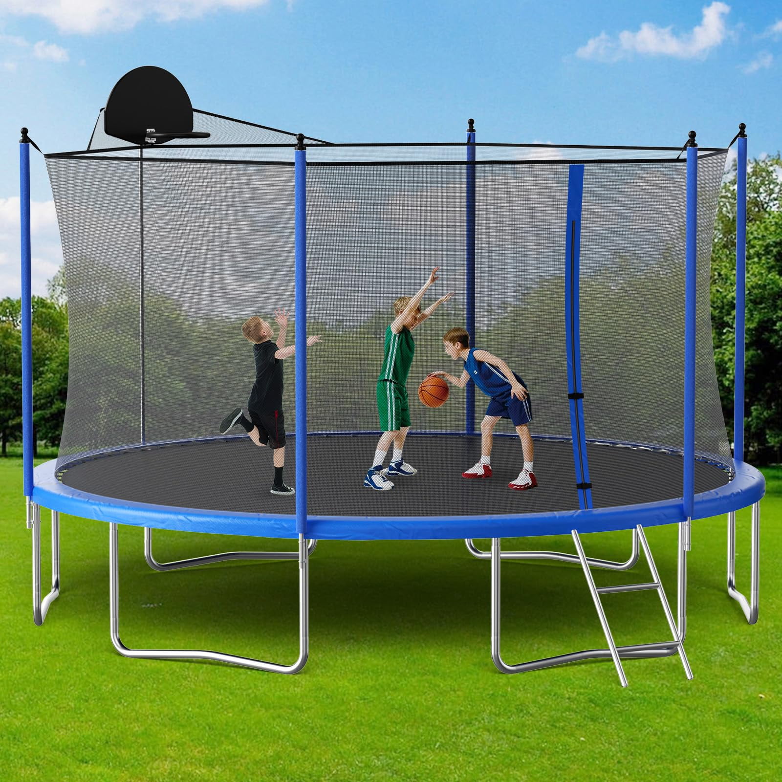 LIZEVINC 12FT Trampoline for Kids with Enclosure Net, Basketball Hoop and Ladder,Easy Assembly Round Outdoor Recreational Trampoline High Stability