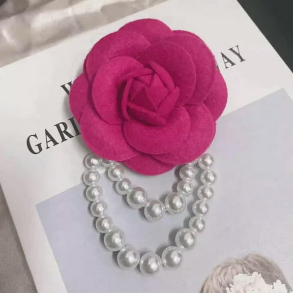 K-KED Large Camellia Flower Brooch Pin Pearl Tassel Handmade Gift Wedding Birthday-Rose Red