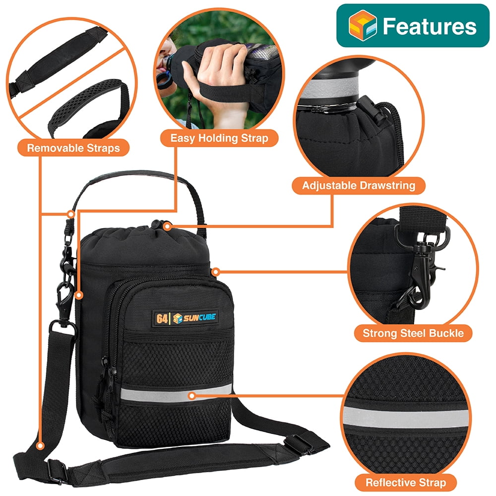 SUN CUBE Water Bottle Holder with Strap, Insulated Water Bottle Bag Carrier for Walking, Crossbody Bottle Carrying Sling Purse Neoprene Sleeve Pouch Pocket, Hiking Accessories Women Men, Black 64oz
