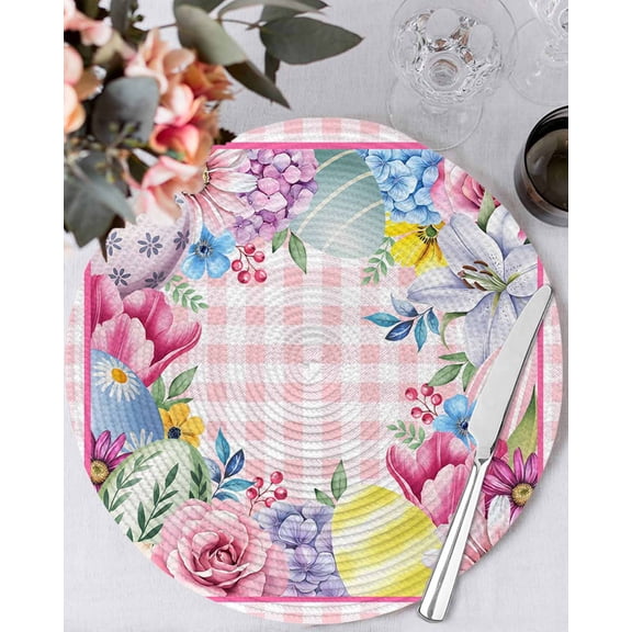 15 Inch Round Placemats Set of 4, Easter Non Slip Heat Insulation PP Table Mats, Watercolor Eggs Floral Leaves Botanical Pink Plaid Washable Place Mats for Kitchen Dining Party Table Decor