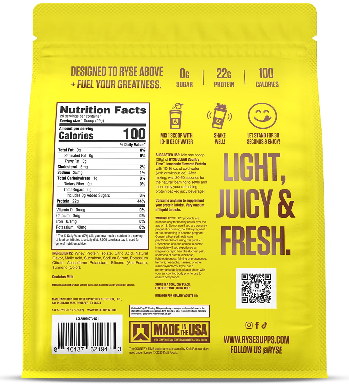 RYSE Clear Whey Isolate Protein Powder - Country Time Lemonade - 20 Servings Bag