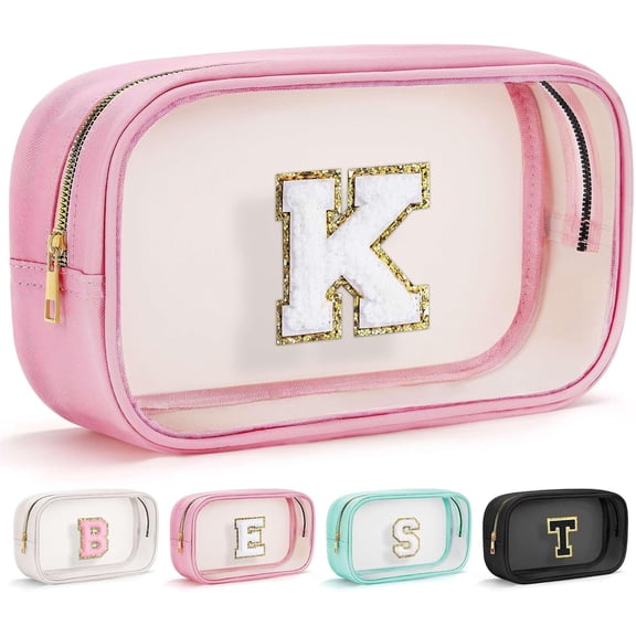 Christmas Gifts for Teenage Girls Stocking Stuffers Teacher Gifts Initial Clear Makeup Bag Pouch Travel Toiletry Cosmetic Bags Birthday Gift for 4 5 6 7 8 9 10 11 12 Year Old Girls Pink K