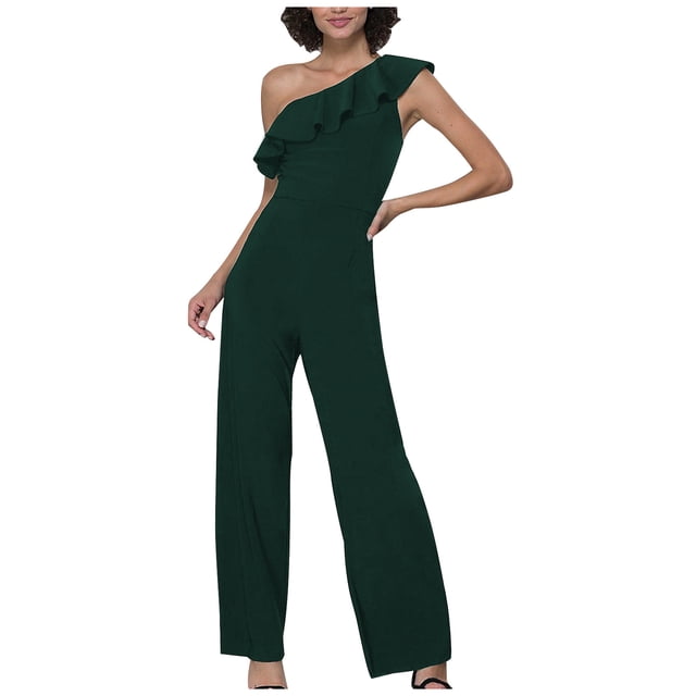 Yuyuzo Women Rompers 1 Shoulder Sleeveless Ruffle High Waist Loose Wide Leg Pants Elegant Jumpsuits