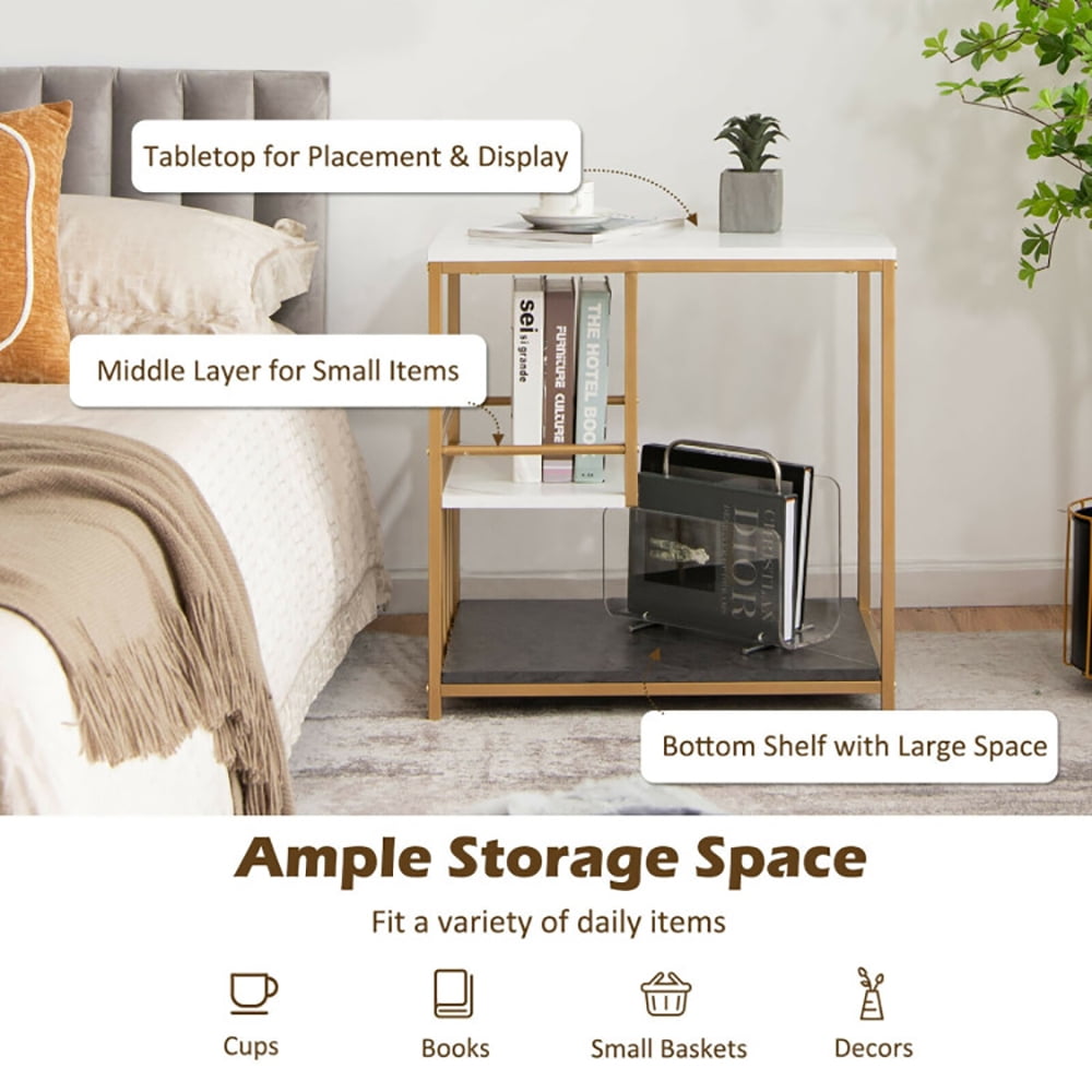 Finihen End Side Table, Sofa Side Table, Bed Side Table, 3-Tier Multi-function Marble End Table with Storage Shelf, for Living Room, Bedroom, Golden