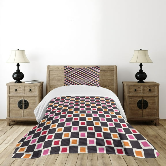 Ambesonne Geometric Quilted Bedspread Set 2 Pcs, Grid Vivid Squares, Twin Size, Multicolor