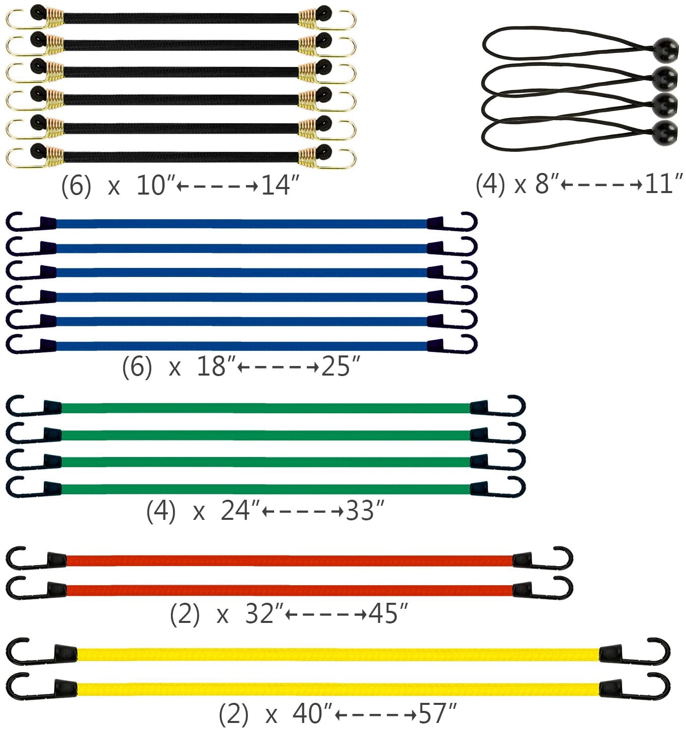24-Piece Premium Bungee Cord Assortment in Storage Jar - Includes 10”, 18”, 24”, 32”, 40” Bungee Cords and 8” Canopy/Tarp Ball Ties
