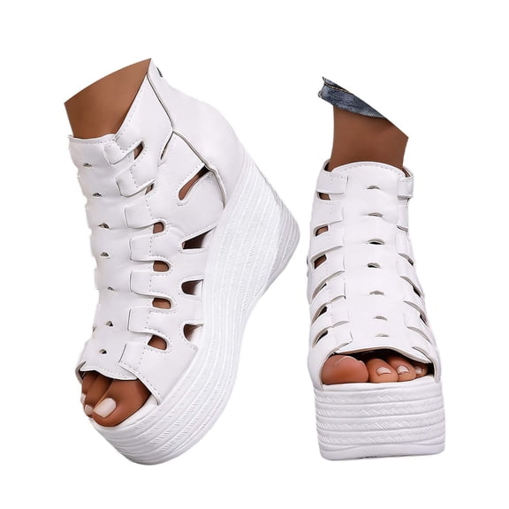 Fiaer Women's Platform Wedge Heels Open Toe Summer High Hidden Heel Zipper Caged Bootie White 9.5