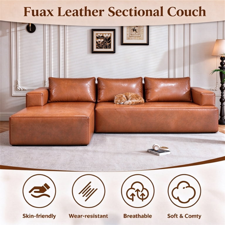 Aukfa 96" Brown Leather Cloud Sectional Sofa, L-Shaped photo 4
