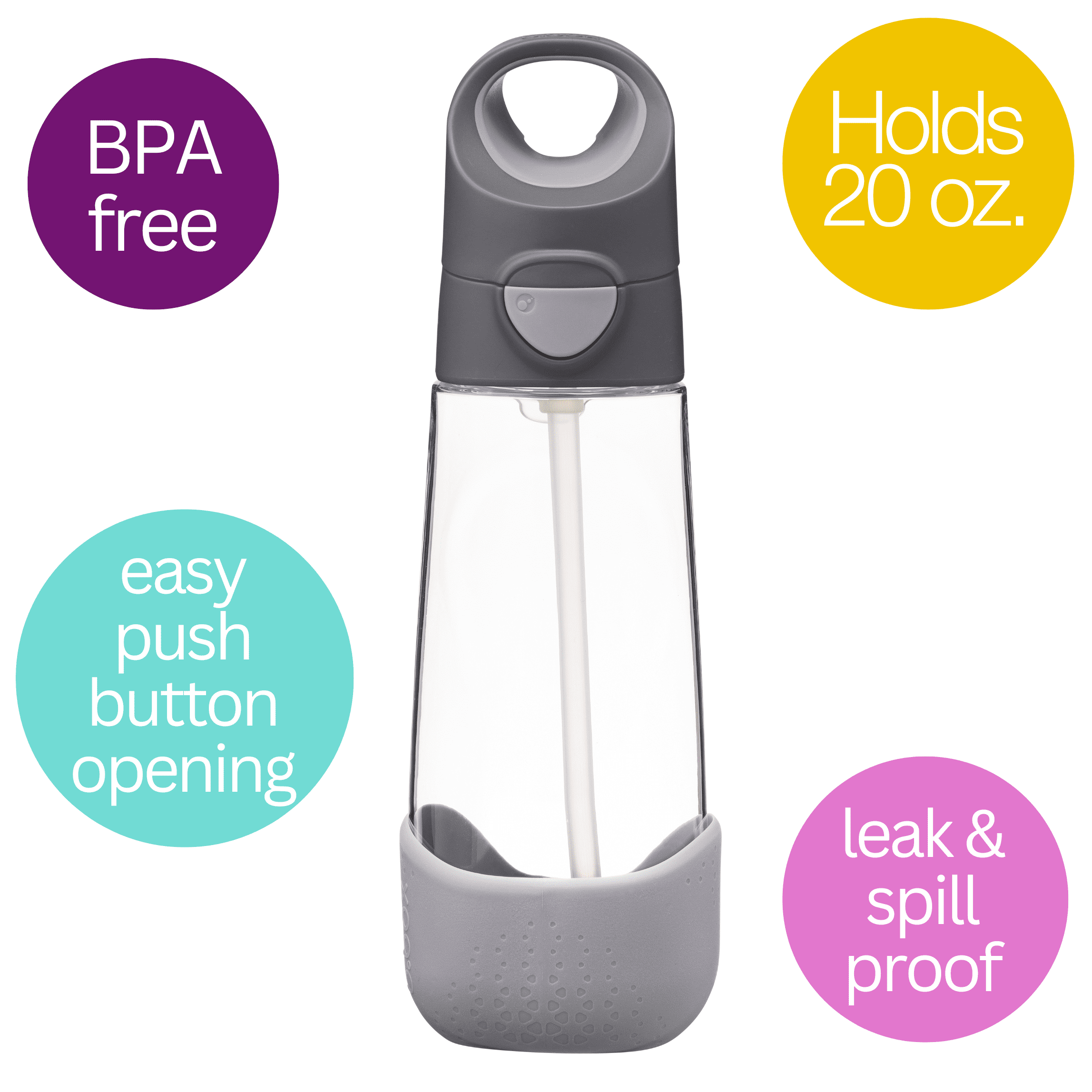 b.box 20 oz Tritan™ Drink Bottle for Kids - Large Water Bottle with Flip Top + Straw, Spill-Proof, BPA-Free (Graphite, 20 oz)