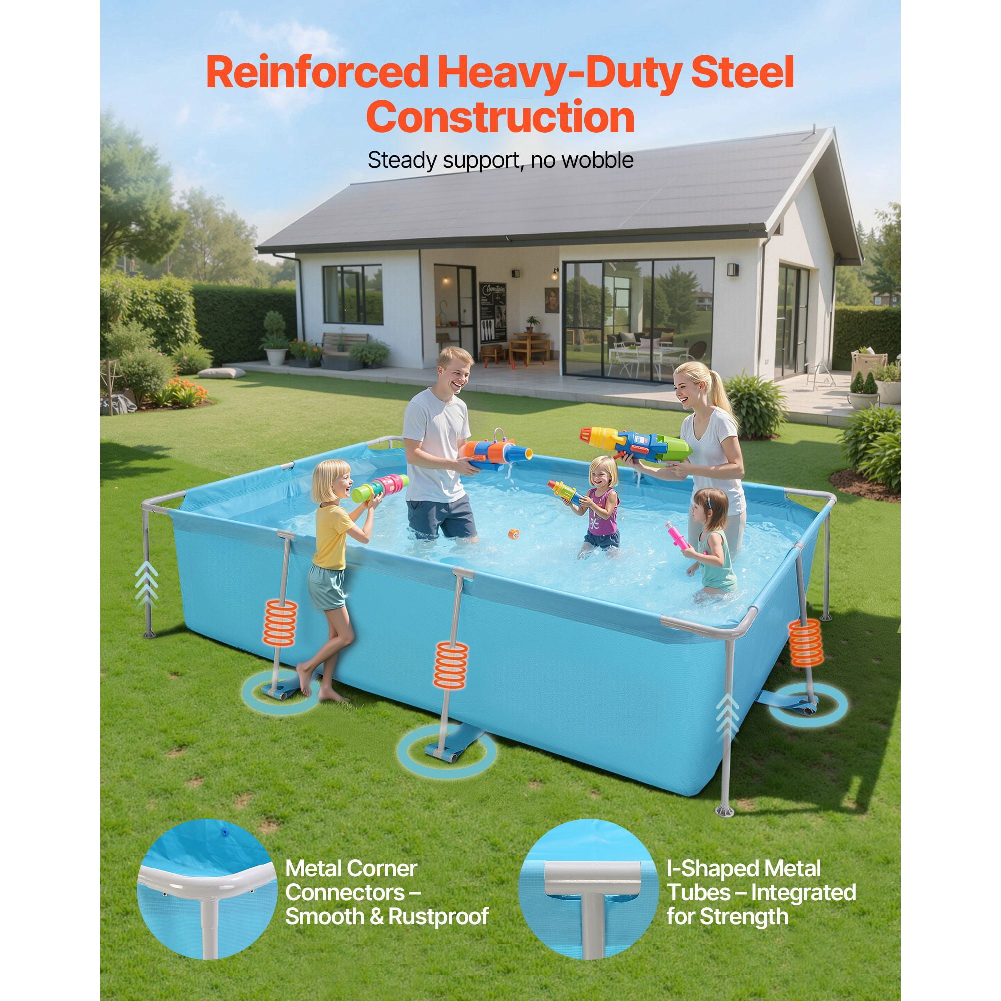 118x78x30 in Above Ground Pool, Rectangular Steel Frame with 1046 gal Capacity, Blue