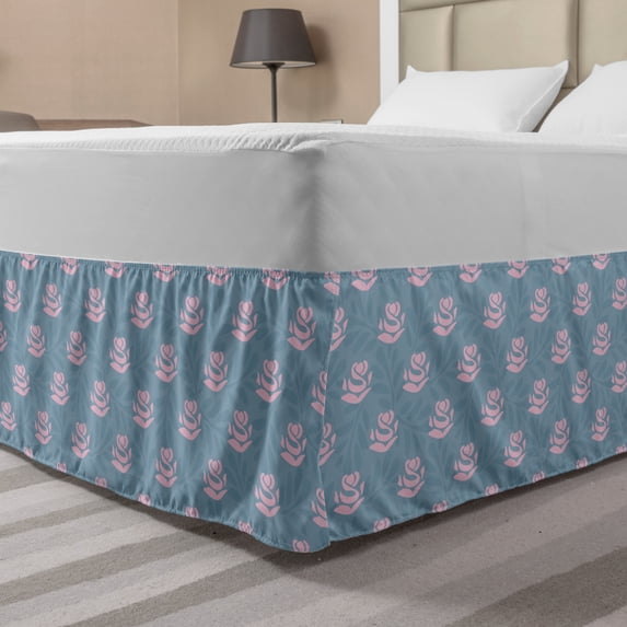 Floral Bed Skirt, Vintage Style Nature Elements Rose Bouquets and Branch Silhouettes, Elastic Bedskirt Dust Ruffle Wrap Around for Bedding Decor, 4 Sizes, Blue Grey and Baby Pink, by Ambesonne