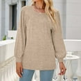 thumbnail image 2 of Women Solid Pullover Shirts Long Puff Sleeve Round Neck Casual Loose T-Shirt Pleated Tops Beige,M, 2 of 6