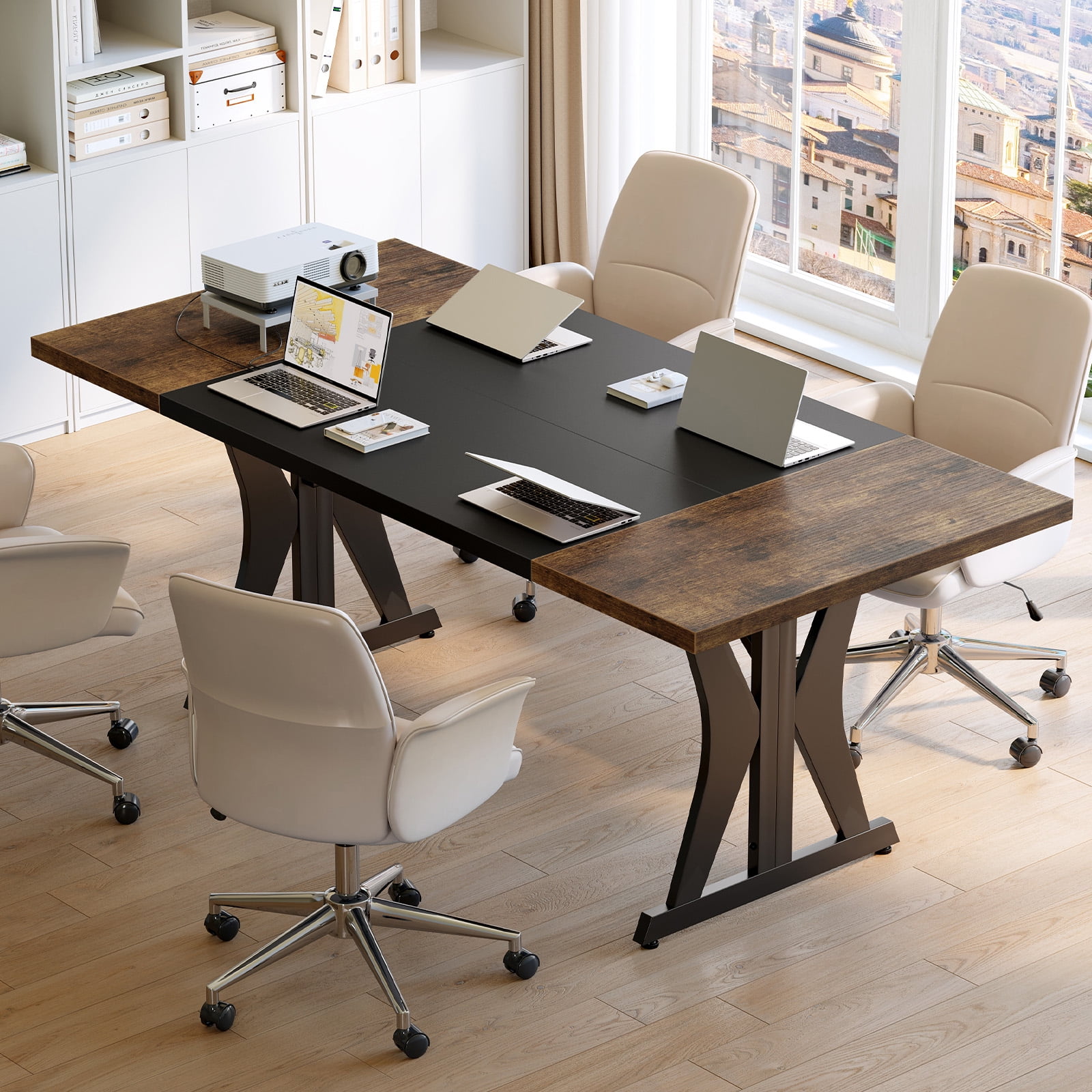 Bestier 70 Inch Large Computer Desk, Modern Two-Tone Executive Office Desk with Sturdy K-Shaped Metal Frame, Industrial Home Office Writing Desk for Gaming, Studying, and Working, Rustic Brown