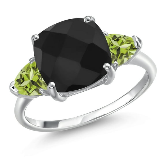 Gem Stone King 10K White Gold Black Onyx and Green Peridot Engagement Ring for Women | 4.76 Cttw | Cushion Checkerboard 10MM | Gemstone December Birthstone | Size 5