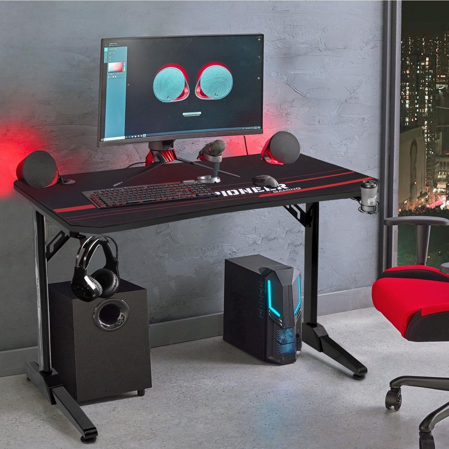 Lacoo 43 Inches Gaming Desk T-Shaped Metal Frame Gaming Desk with Cup Holder and Headphone Hook, Black