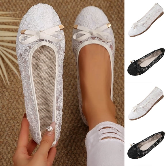 Rvasteizo Flats for Women Lace Mesh Round Closed Toe Solid Thick Sole Trendy Slide Outdoor Walking Shoes