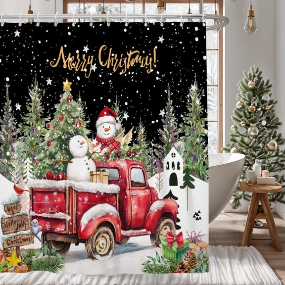 Merry Christmas Shower Curtain for Bathroom Watercolor Snowman Red Truck Winter Tree Bath Curtain with Hooks 72"W x 72"L