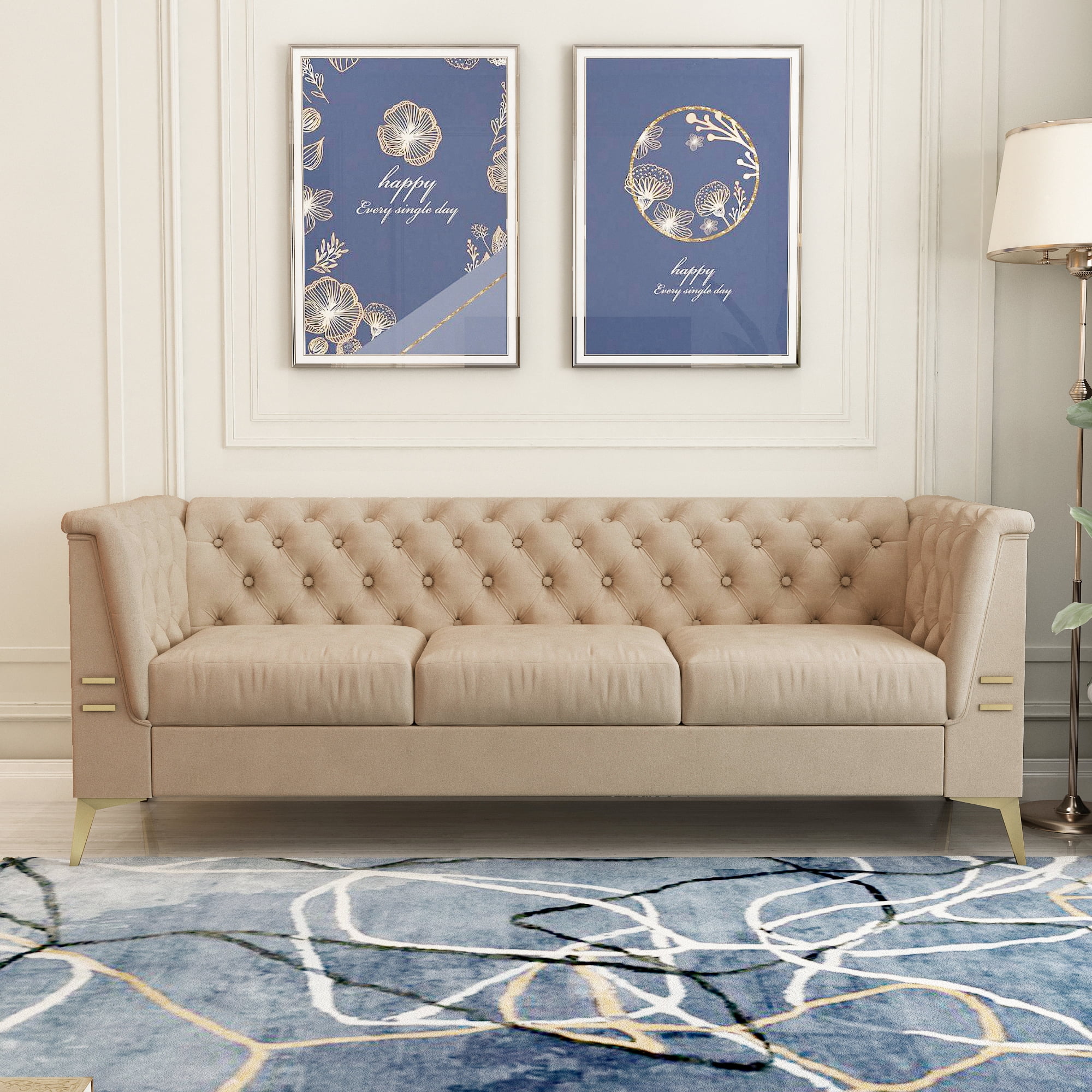 Private Jungle 3-Seater Velvet Sofa Couch with Square Armrest,Tufted Back Seat Cushion,Golden Metal Legs, Modern Upholstered Futon Sleeper Sofa,khaki Private Jungle 3-Seater Velvet Sofa Couch with Square Armrest,Tufted Back Seat Cushion,Golden Metal Legs, Modern Upholstered Futon Sleeper Sofa,khaki