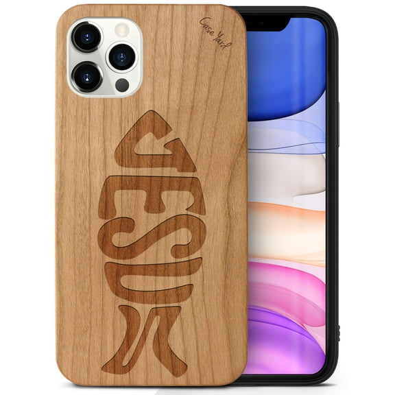 Case Yard Wooden Case Outside Soft TPU Silicone, Slim Fit Shockproof Wood Protective Phone Cover for Girls Boys Men and Women, Supports Wireless Charging Jesus Fish Design case for iPhone-12/12-Pro