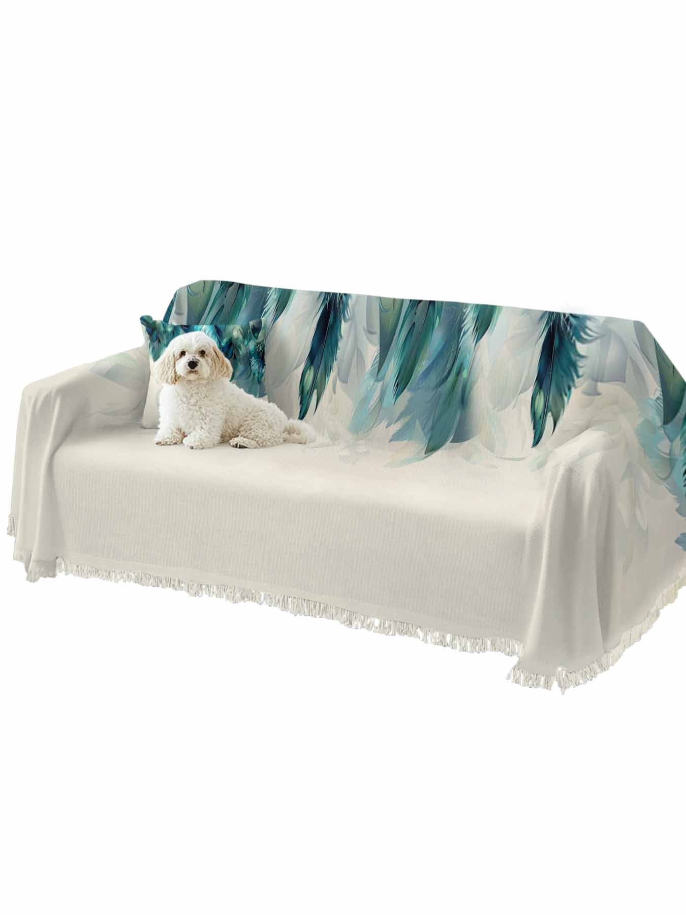 Teal Feather Couch Cover, Farmhouse Feather Art Teal Ombre Sofa Cover Blanket for Loveseat Couches, Sectional Sofa Slipcover Furniture Protector for Living Room Bedroom 71''x118''