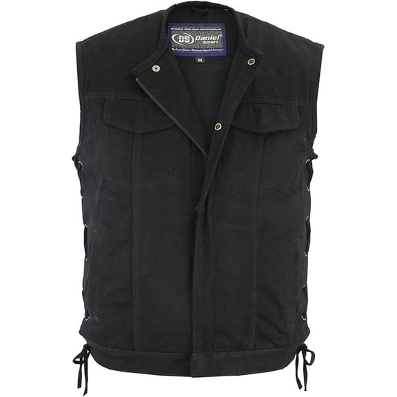 Daniel Smart Men’s Vest - Unique Black Denim without Collar Side Laces Motorcycle Vest for Men