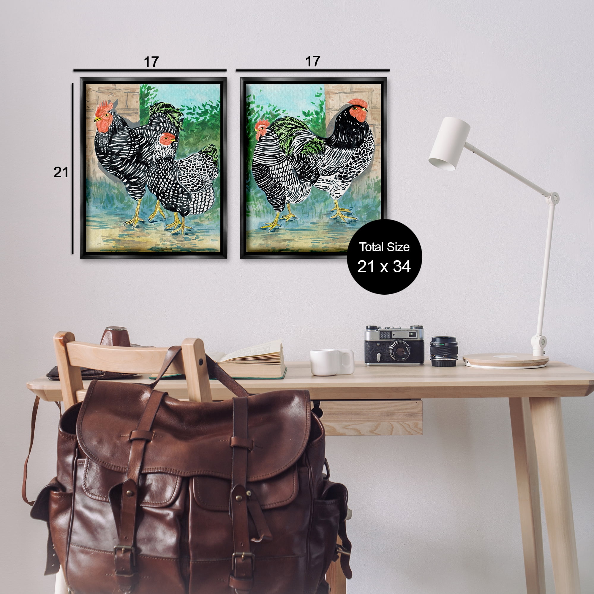 Stupell Industries Rooster and Hen Foraging Animals Painting Black Floater Framed Canvas Art Print Wall Art, 17 x 21, Set of 2