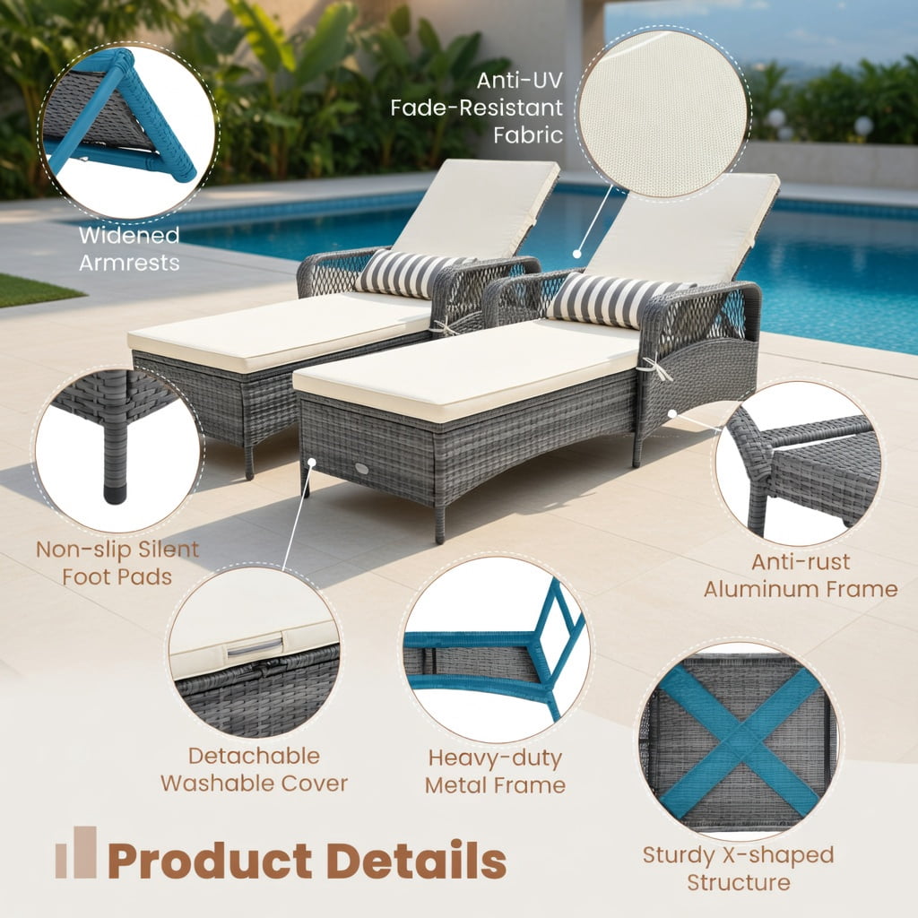 Hommoo Outdoor Chaise Lounge Chair with 6-Position Reclining Backrest, Gray PE Rattan, Heavy-Duty Metal Frame, Poolside Patio Lounger, Off-White