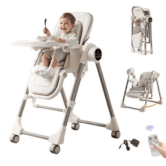 Automatic Baby Feeding Chairs Convertible Baby High Chair with Remote Control Foldable Infant Dining Chair with Wheels Baby Swing for 0-4 Years,Unisex,White