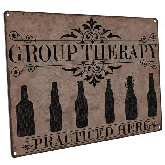 Group Therapy Practiced Here Beer 9"x12" Metal Sign, Wall Decor for Home and Office