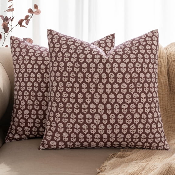 Block Print Pillow Covers 20x20 Inch Set of 2, Vintage Floral Throw Pillow Cases Neutral Linen Farmhouse Cushion Covers for Couch Sofa Bed Chair Living Room, Wine Red