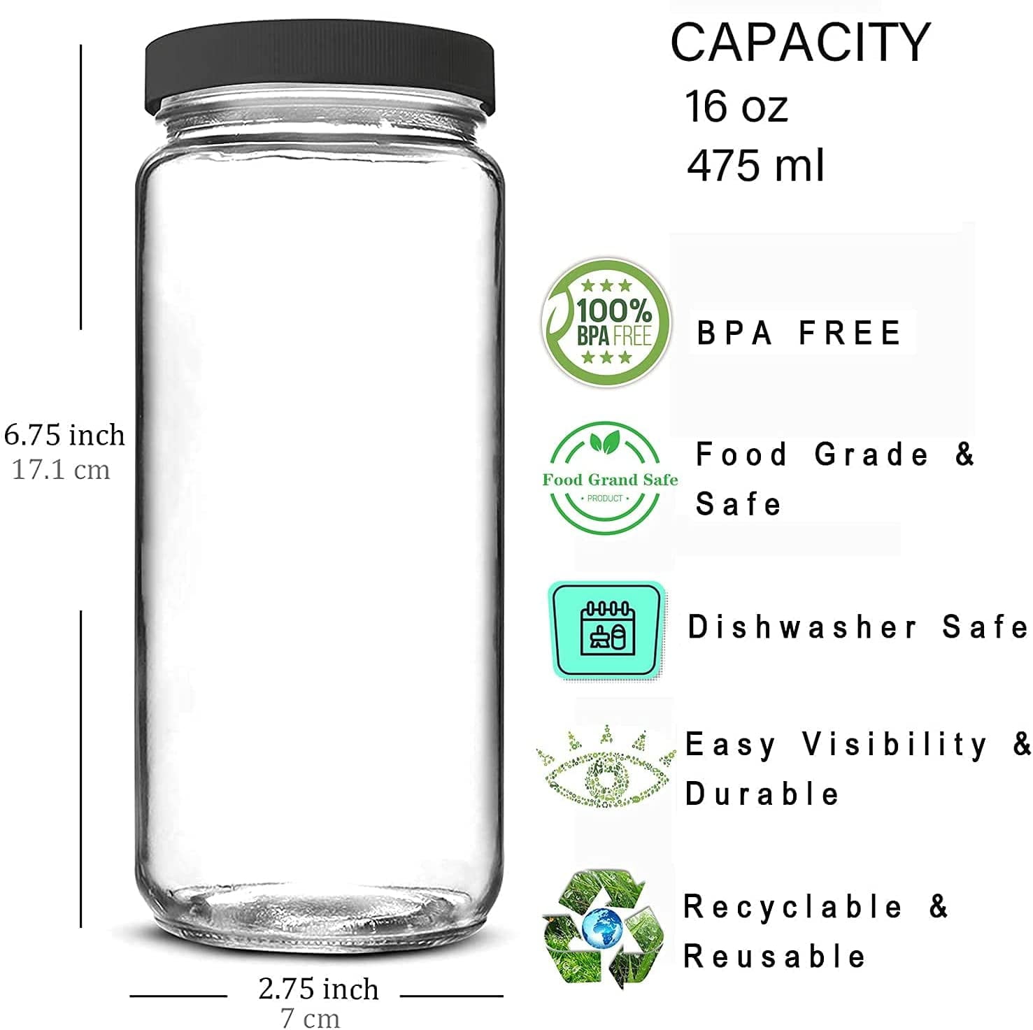 [ 8 Pack ] 16 OZ Glass Juicing Bottles w Airtight Lids & 2 Straws & 2 Lids  w Hole - Reusable Drinking Jars, Travel Water Cups - Tall Mason Jar for