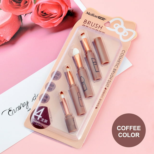 Set de Brochas de Maquillaje 4 en 1 para Principiantes, Portátil y Completo – Incluye Brocha de Labios, Cejas y Sombras, en Tono Café – Ideal para Uso Diario o Viajes.