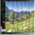 thumbnail image 3 of Ambesonne Alps Shower Curtain, Mountain Valley Wooden Hut, 69"Wx84"L, Yellow Green Blue, 3 of 4