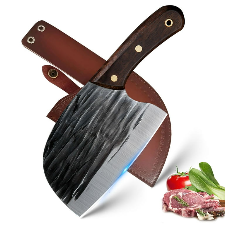 Meat Cleaver Knife Heavy Duty, 6 inch Full Tang Sharp Serbian Chef Knife, High Carbon Steel Cutting Knife with Leather Sheath for Kitchen Camping BBQ