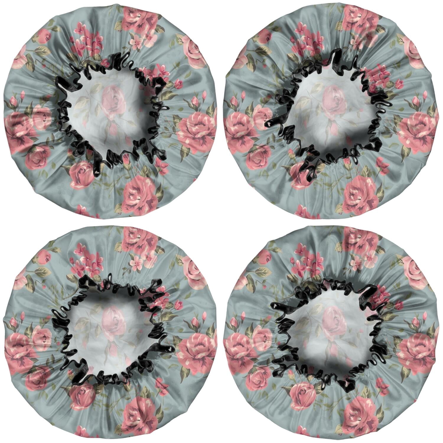 Shower Caps,Pioneer Flower Floral Print Pattern Waterproof Shower Cap for Women 4 Pieces,Double Reusable Hair Cover for Shower PEVA Elastic Stretch Hem