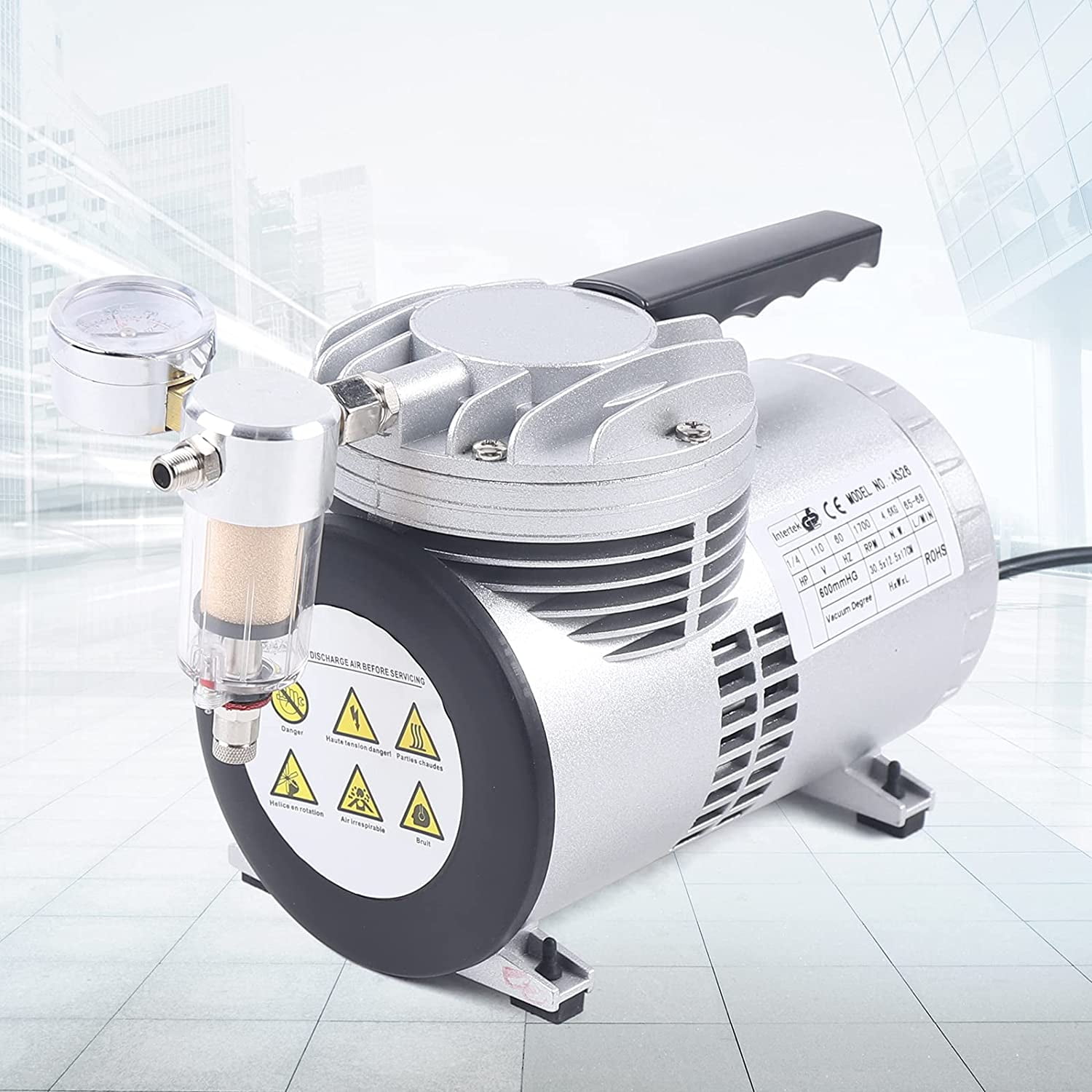 FETCOI Oilless Diaphragm Vacuum Pump 20-23L/min Lab Oil Free Mute Vacuum Pump 1 / 6HP Quiet High Vacuum Piston Compressor (110V US Plug)