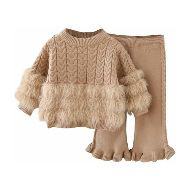 Girls' Mink Plume Sweater Set with Trousers Knitted, Fall and Winter Collection