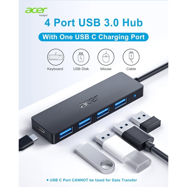 Acer Concentrateur USB, 4 Ports Multiples Concentrateur USB 3.0, Concentrateur de Données USB pour Portable avec Port d'Alimentation USB‐C, Rallonge USB pour Portable avec Port, Windows, Linux, PC Acer et Plus (0,7 Pi)