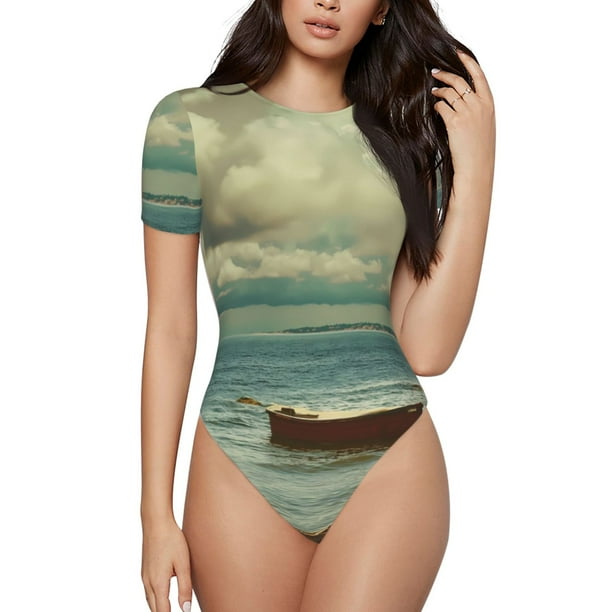 Balery Serene Coastal Blue Sky Body de cuello redondo de manga corta para mujer Tops de manga corta Tops básicos-XX-Large