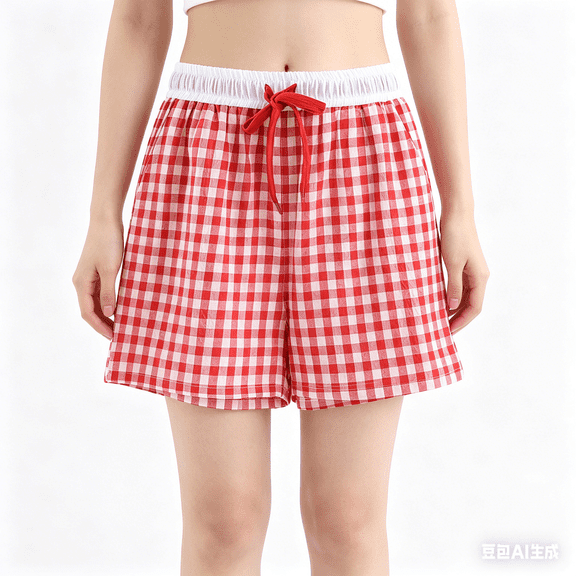 MYAOYI Womens Shorts Gingham Plaid Casual Shorts Elastic Waist Drawstring Summer Lounge Shorts with Pockets