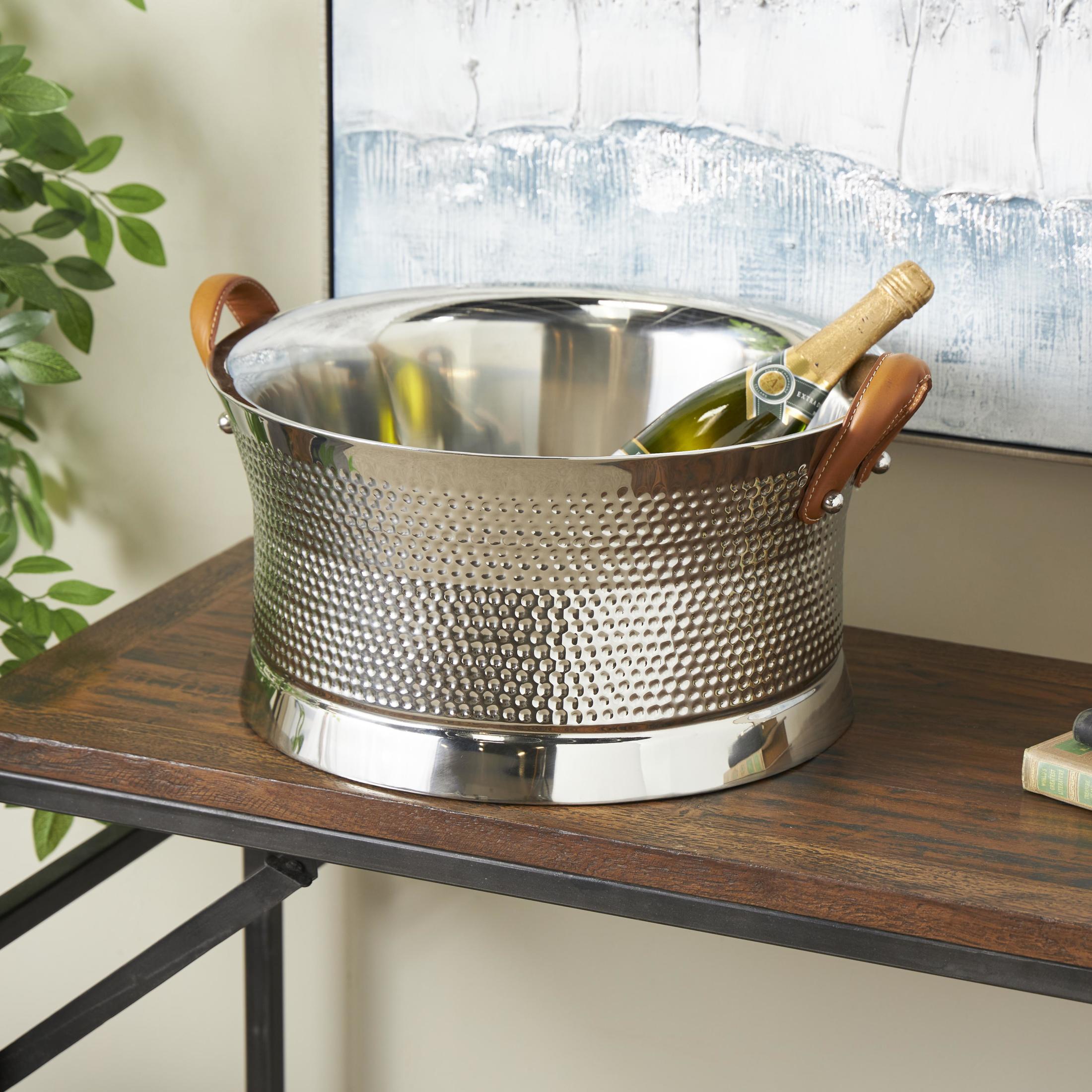 DecMode Round Stainless Steel Metal Hammered Silver Ice Bucket with Brown Leather Handles