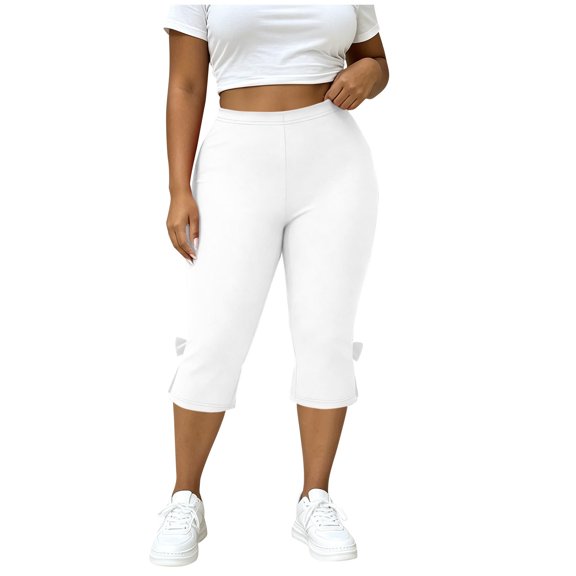 Lenpel Plus Size Yoga Capri Leggings for Women Elastic Waist Cropped Pants Casual Trendy Tie Knot Athletic Capris